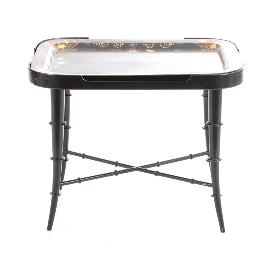 Vintage Floral Tole Tray on Fitted Black Lacquered Stand