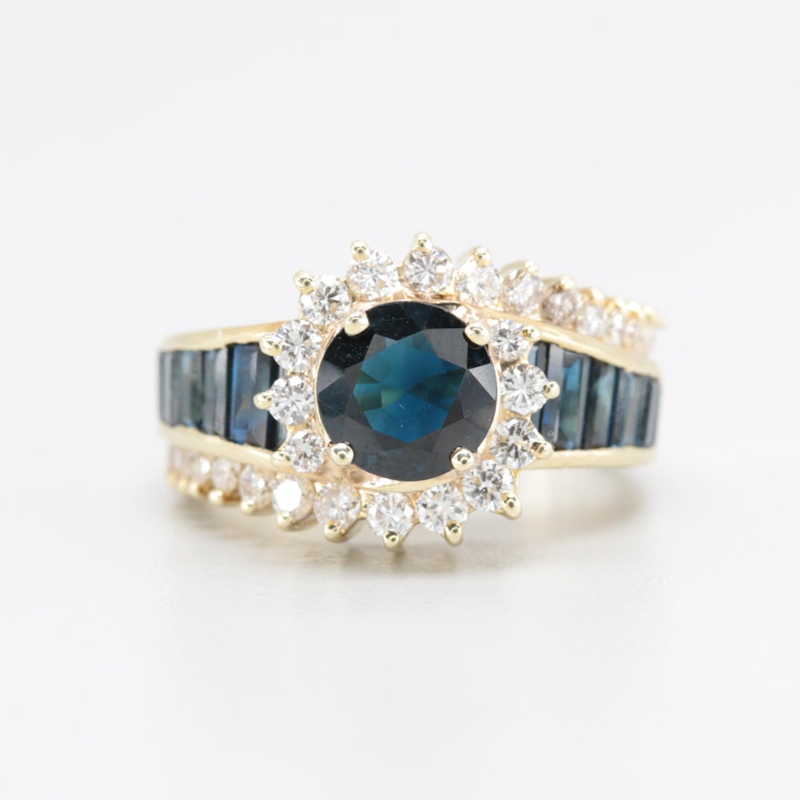 14K Yellow Gold 1.11 CT Sapphire and Daimond Ring