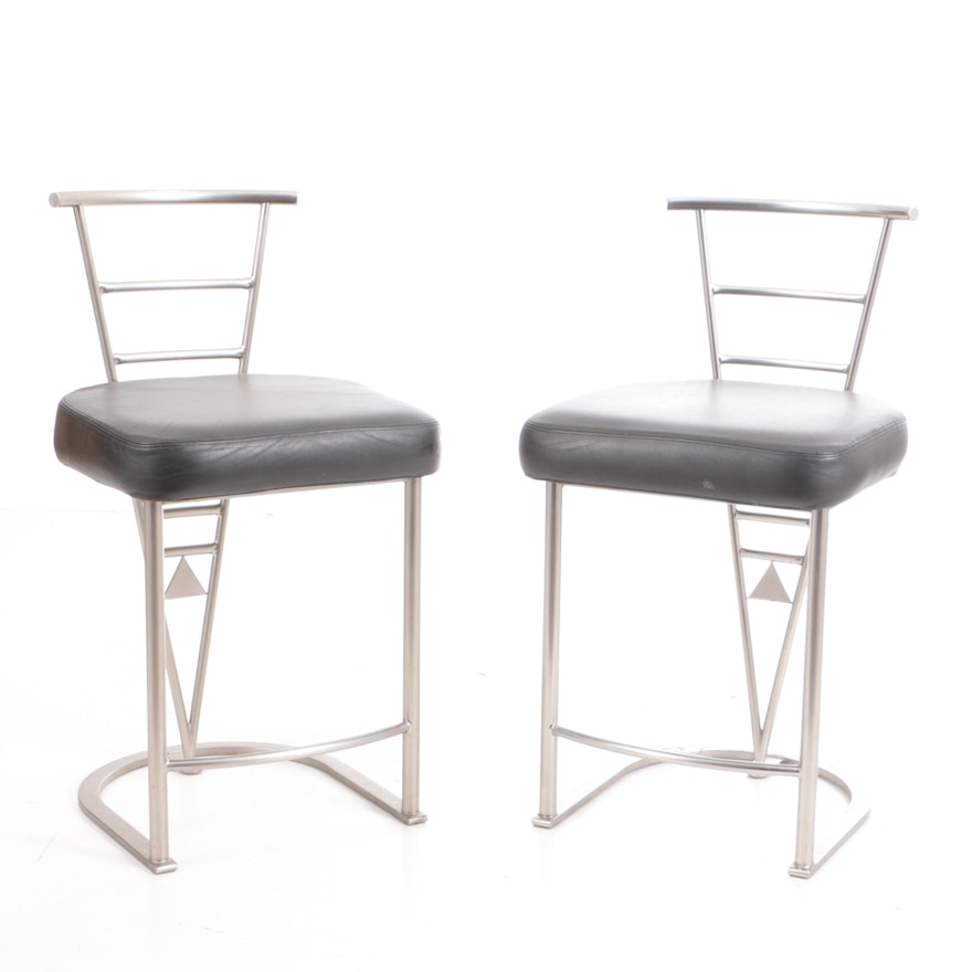 Pair of Aluminum and Black Leather Barstools by Design Institute America