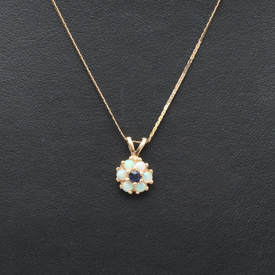 14K Yellow Gold Blue Sapphire and Opal Necklace