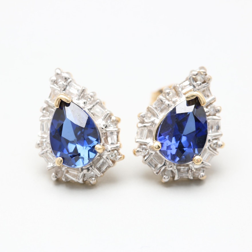 14K Yellow Gold Synthetic Blue Sapphire and Diamond Post Earrings
