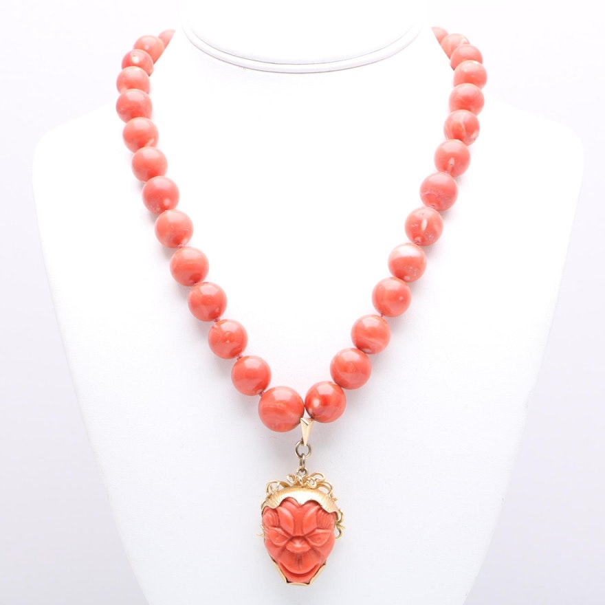 18K Yellow Gold Coral Bead Necklace