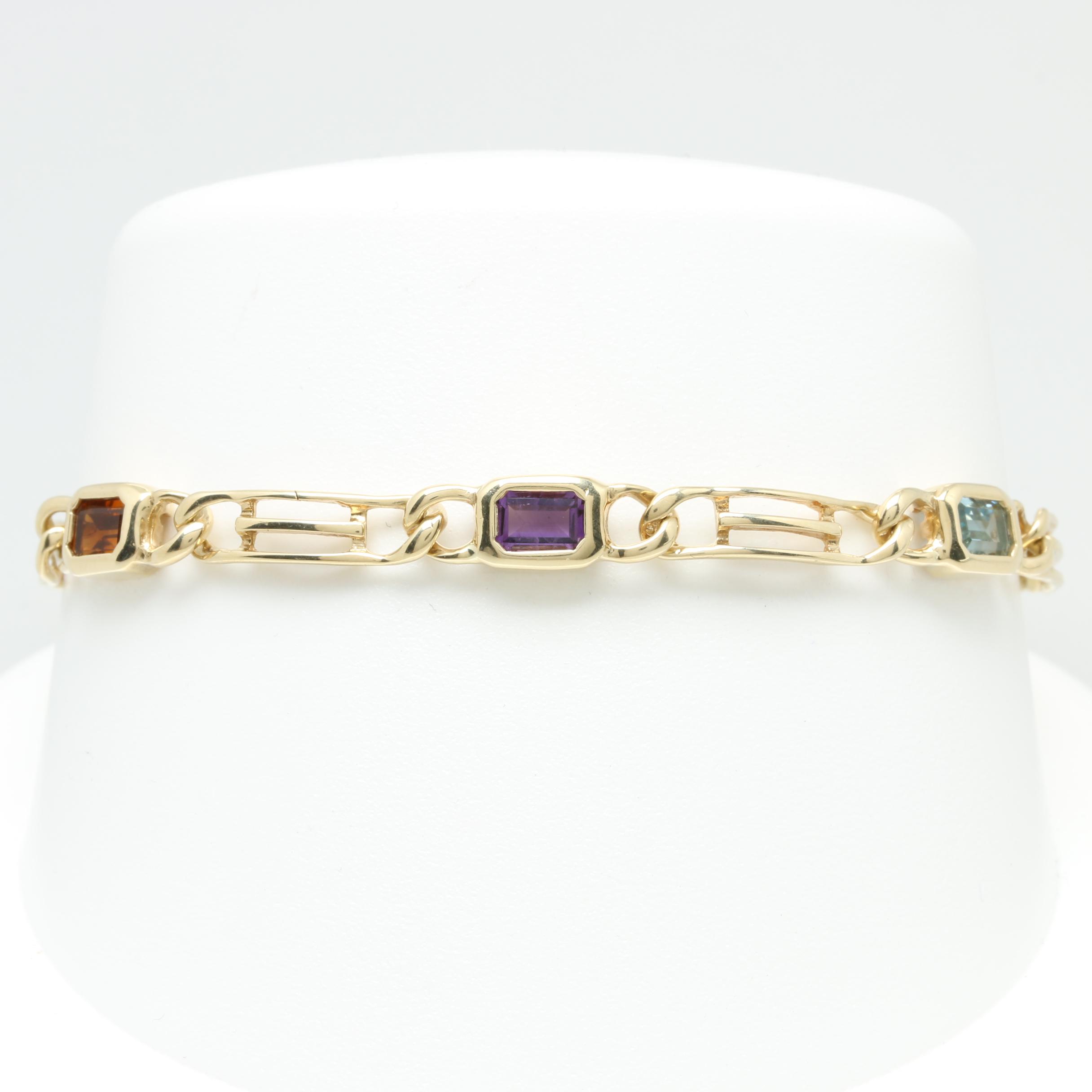 14K Yellow Gold Blue Topaz, Citrine and Amethyst Bracelet