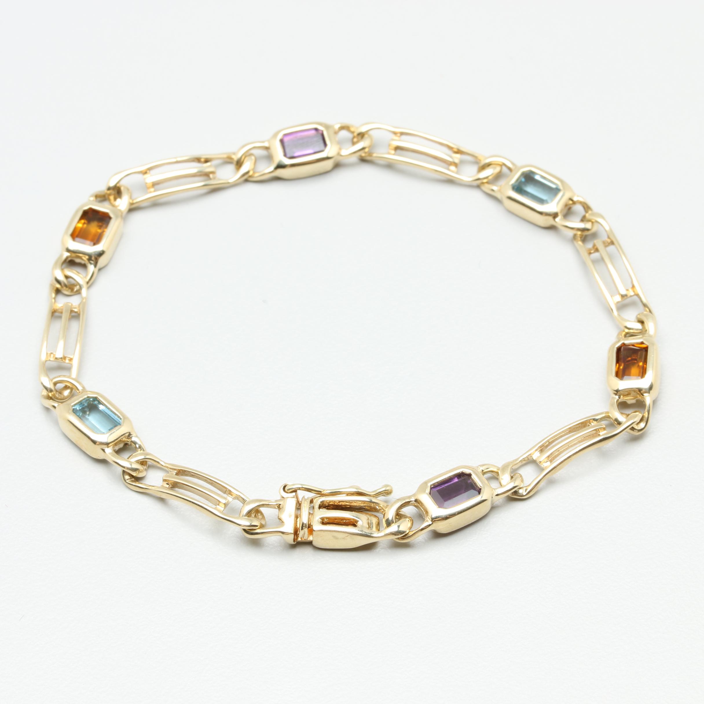 14K Yellow Gold Blue Topaz, Citrine and Amethyst Bracelet