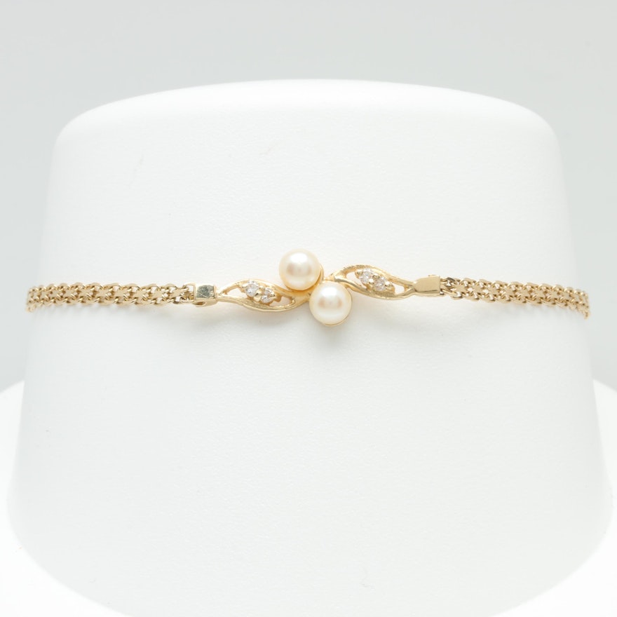 14K Yellow Gold Cultured Pearl and Diamond Bracelet