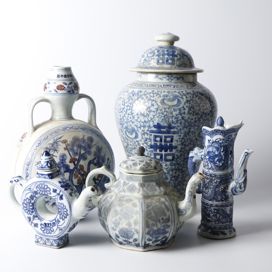 Chinese Hand-Painted Blue and White Porcelain Teapots, Vase, and Ginger Jar
