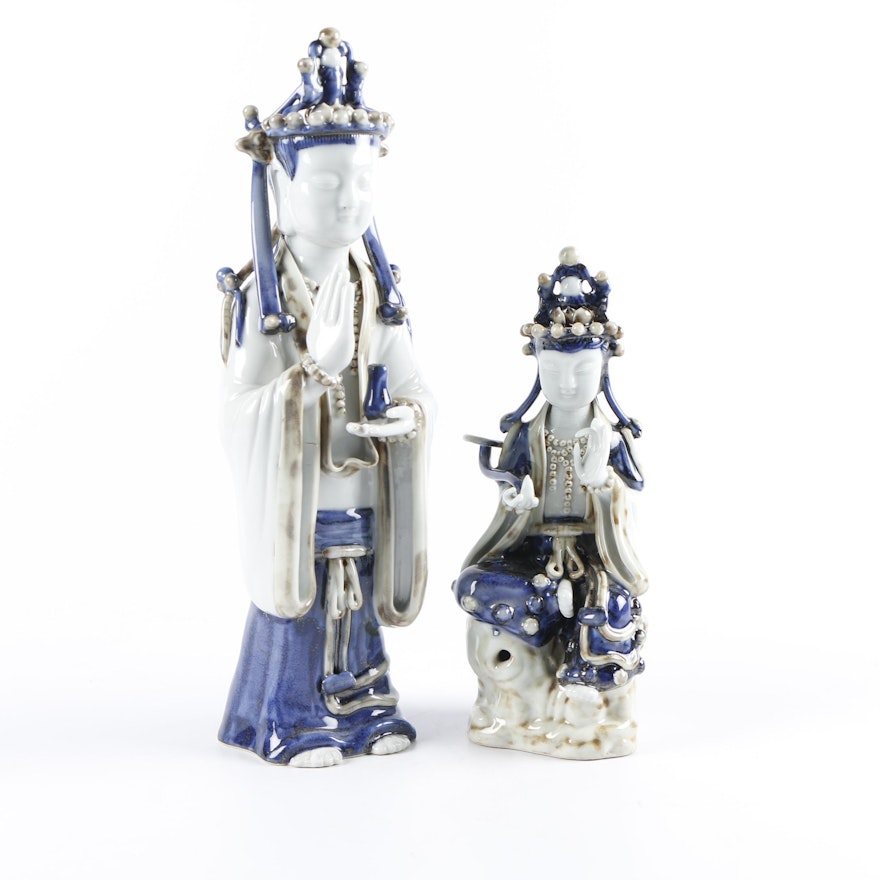 Chinese Blue and White Porcelain Guanyin Figurines