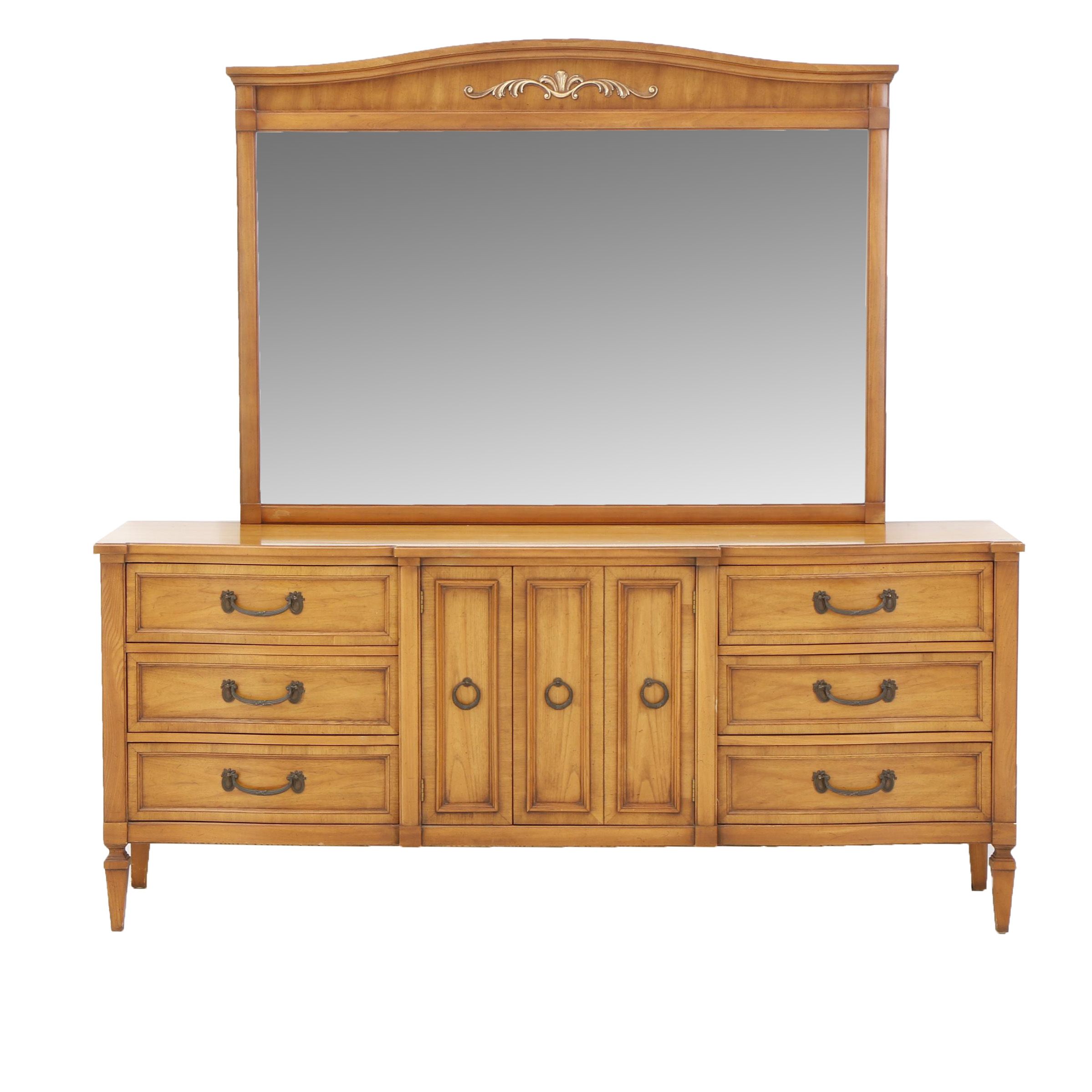 French Provincial Style Pecan Dresser with Mirror