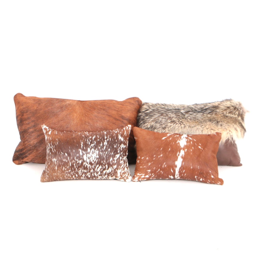 Four Calf Hair Leather and Coyote Fur Throw Pillows