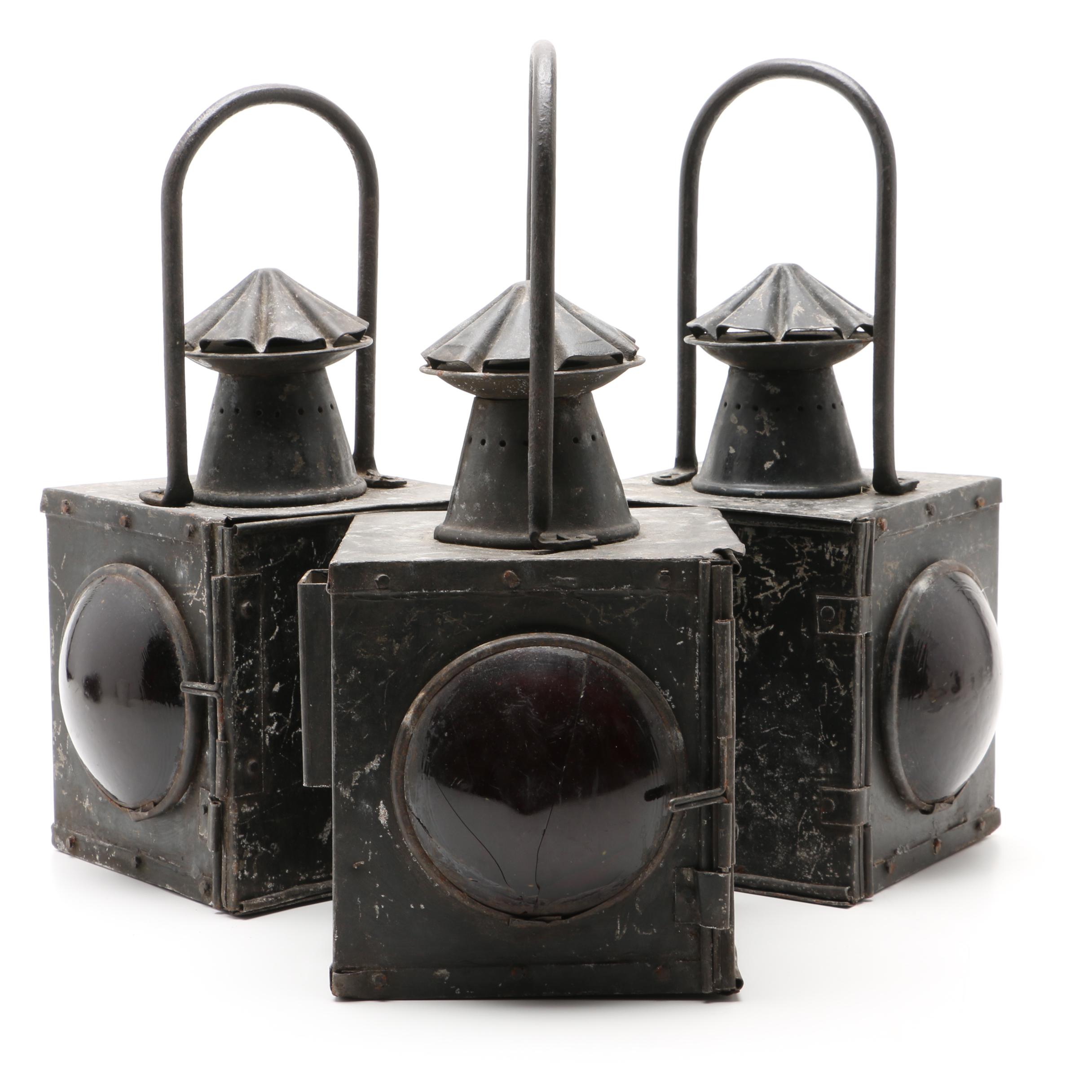 Three Antique Red Railroad Lanterns