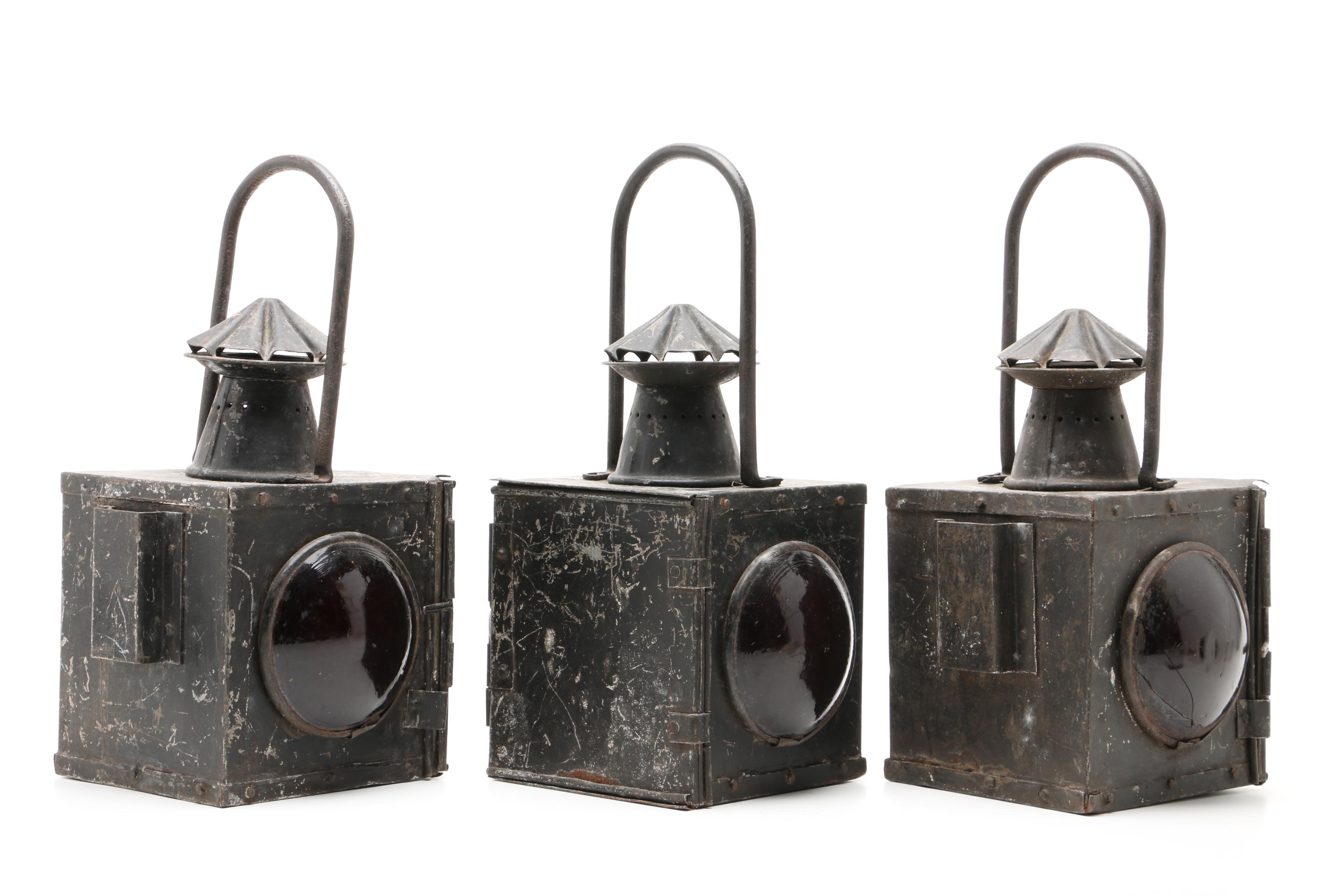 Three Antique Red Railroad Lanterns