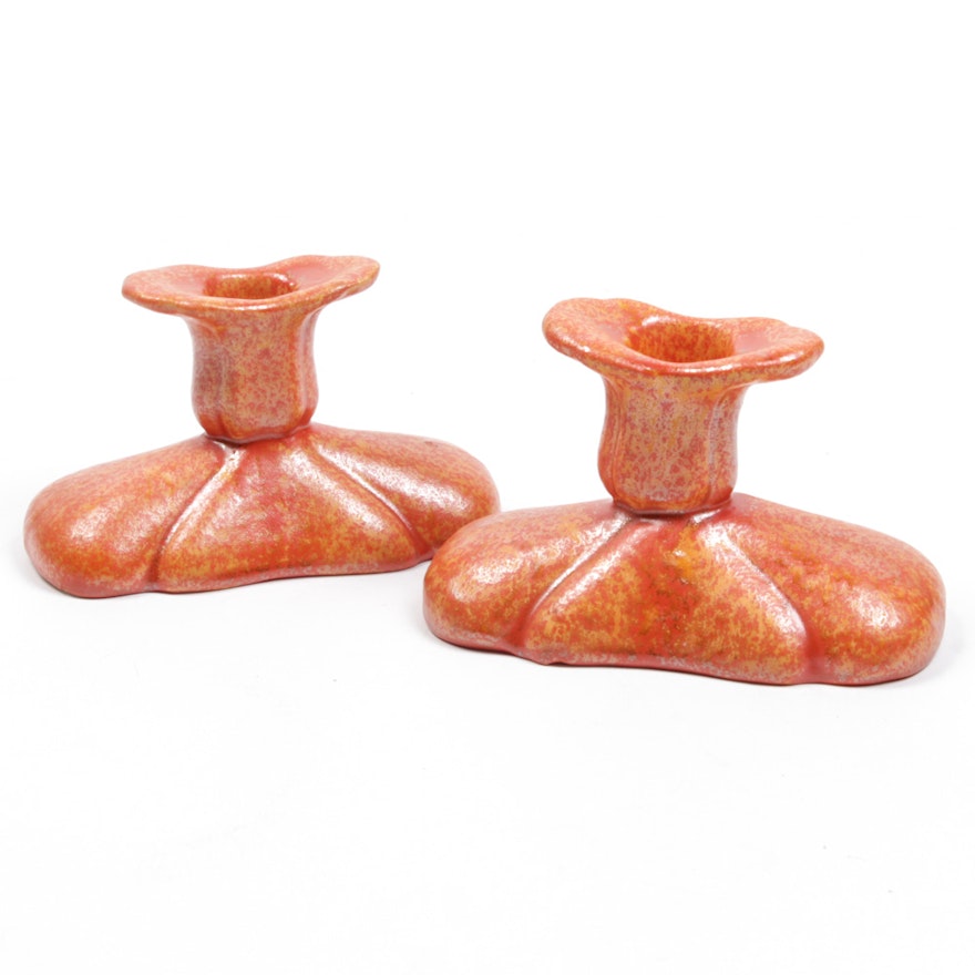 Muncie Pottery Candlesticks with Orange Peel Glaze