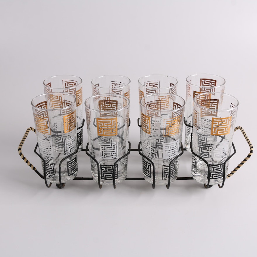 Mid-Century Style Glass Tumbler Set in Metal Caddy