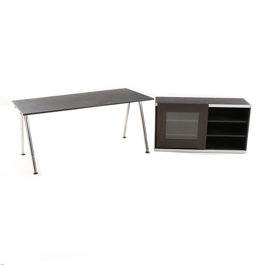 Ikea "Galant" Mocha Veneer Adjustable Height Desk and Glass Front Cabinet