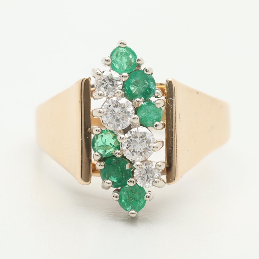 14K Yellow Gold Diamond and Emerald Ring with White Gold Accents