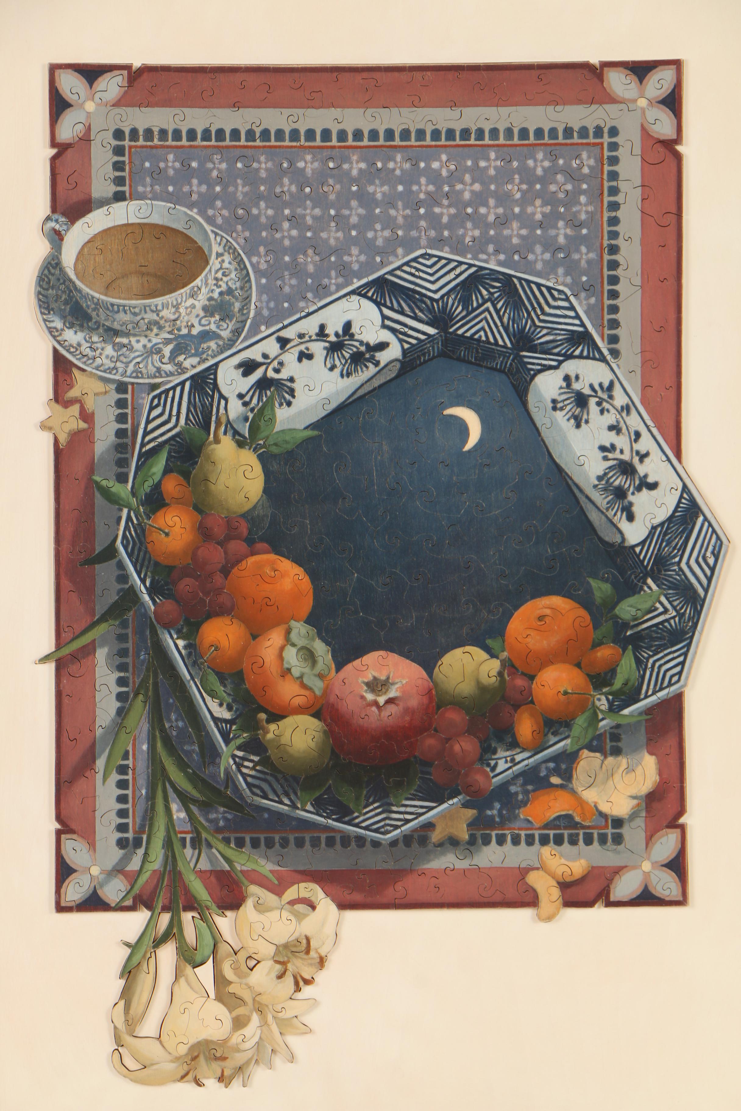 Amy F. Scott Oil Painting on Wood Puzzle "Tea and Tangerines, Midwinter Night"
