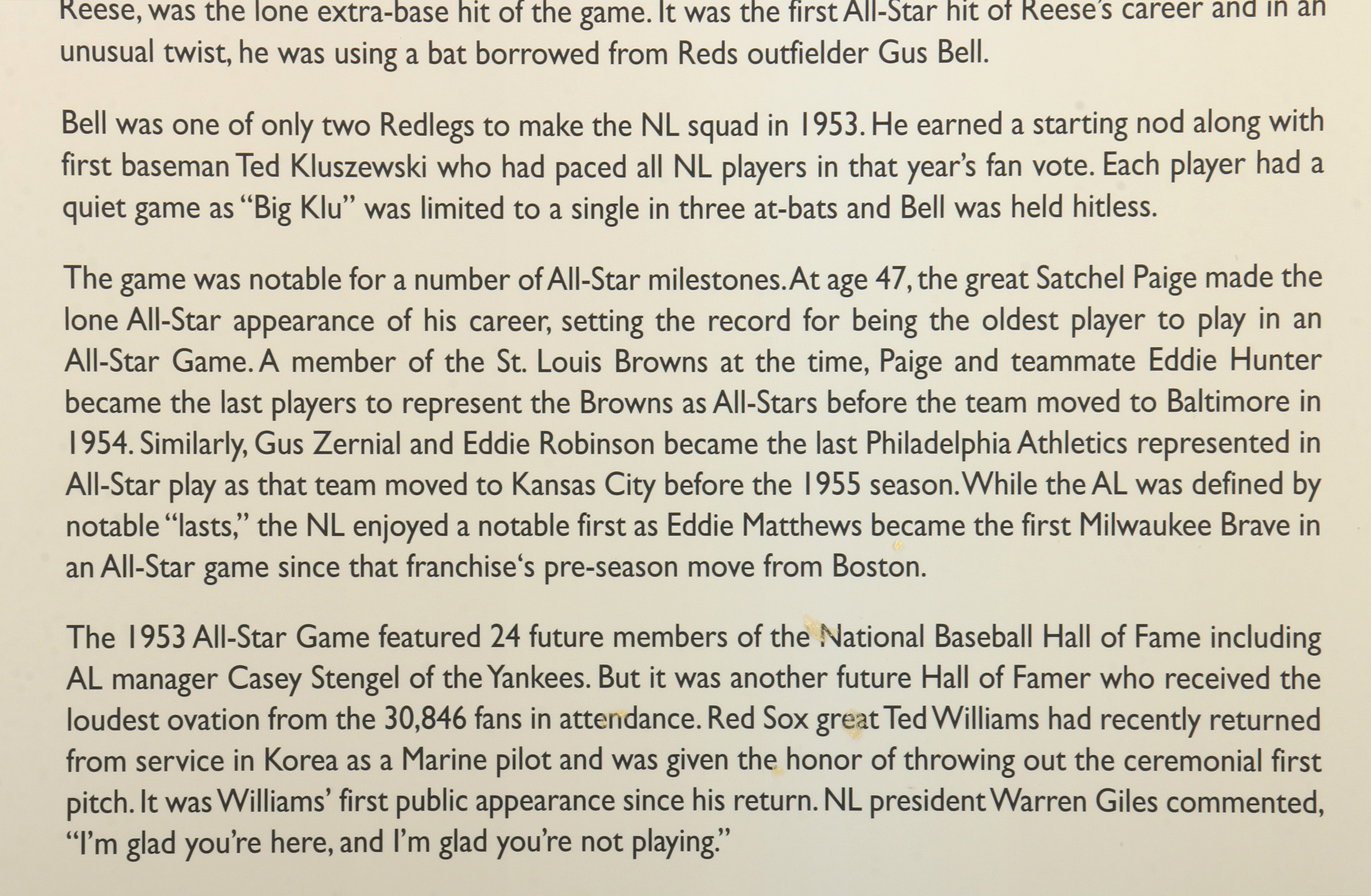 1953 Major League All-Star Game Hall of Fame Exhibit Display COA