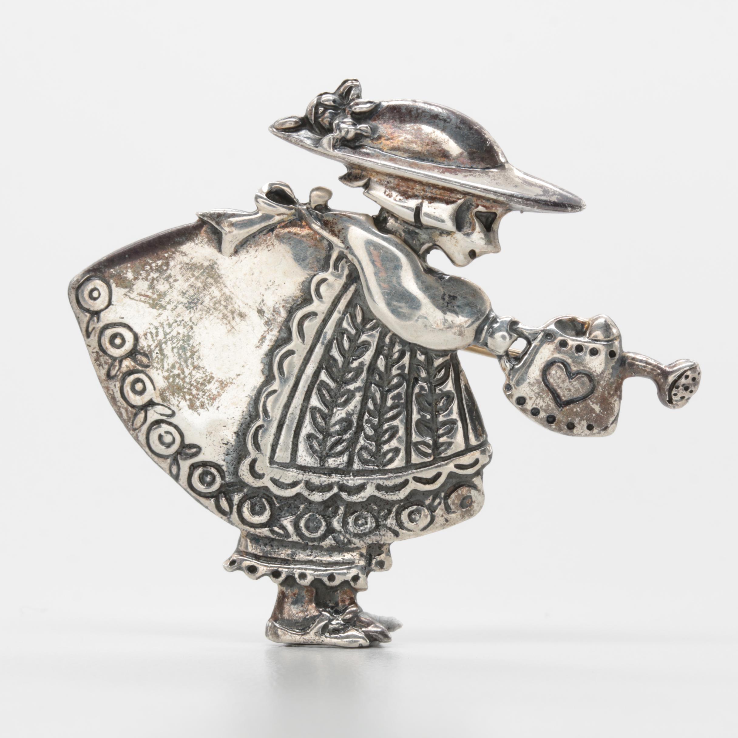 Mary Engelbreit Sterling Silver Woman with a Watering Can Brooch