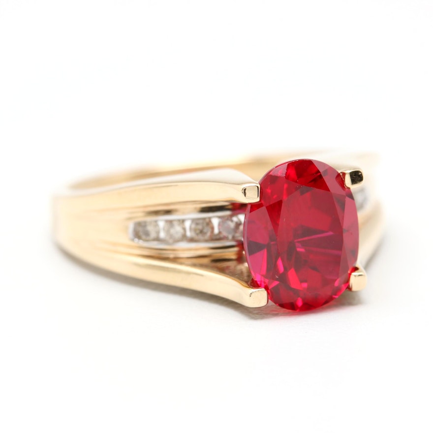 10K Yellow Gold Synthetic Ruby and Diamond Ring