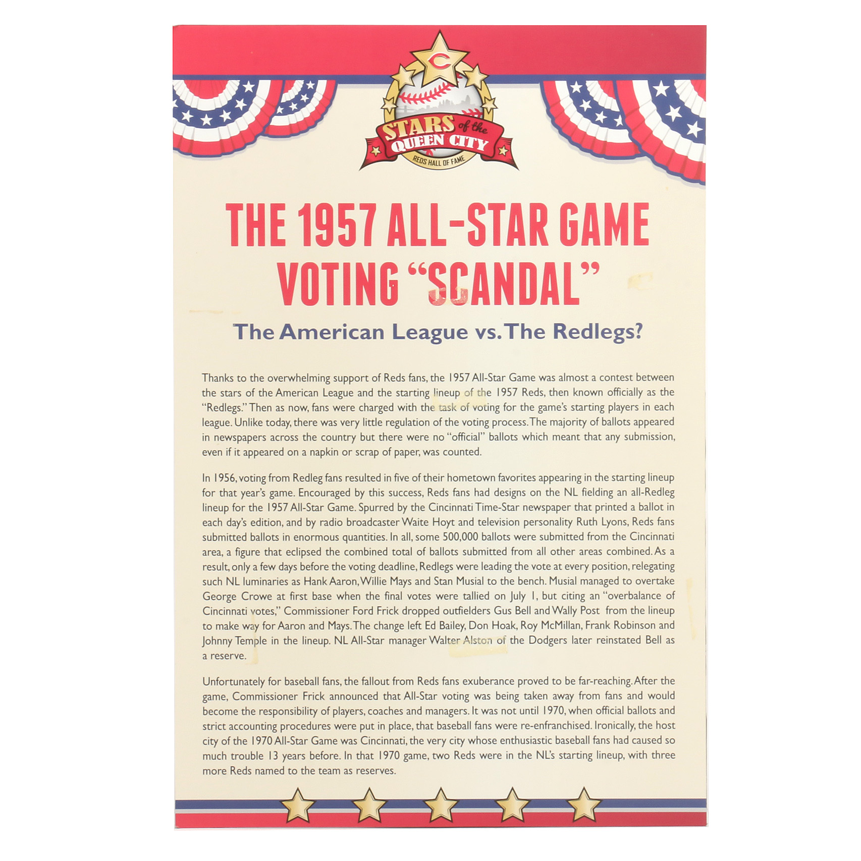 Cincinnati Reds Hall of Fame and Museum "1957 All-Star Game" Exhibit Sign COA