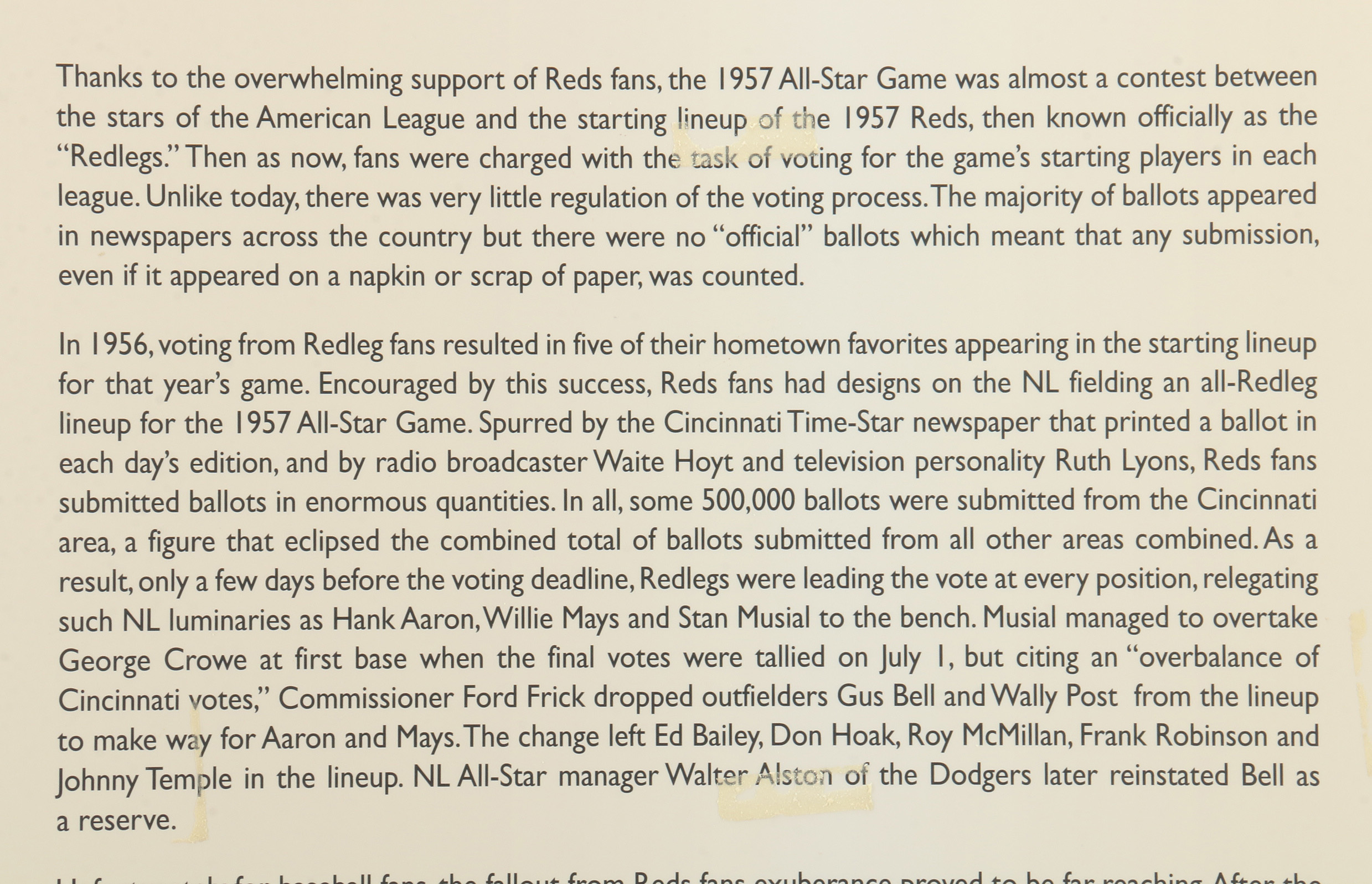 Cincinnati Reds Hall of Fame and Museum "1957 All-Star Game" Exhibit Sign COA