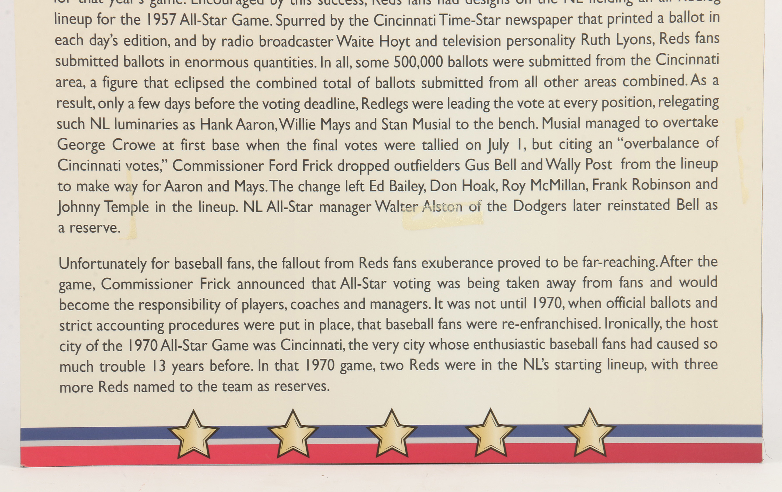 Cincinnati Reds Hall of Fame and Museum "1957 All-Star Game" Exhibit Sign COA