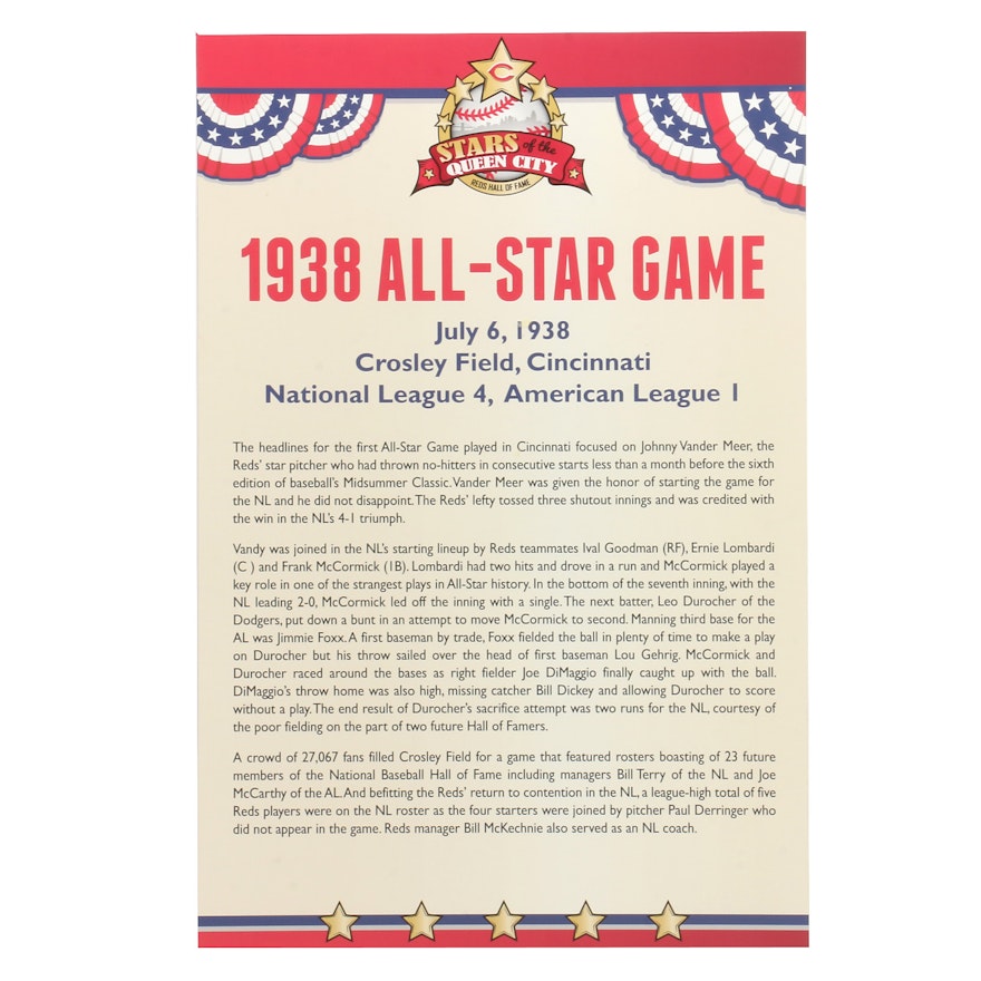 Cincinnati Reds Hall of Fame 1938 All-Star Exhibit Sign COA