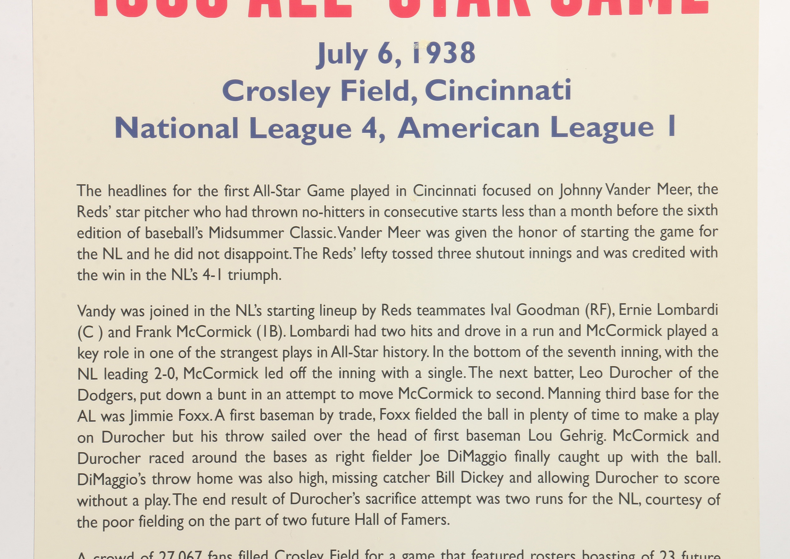 Cincinnati Reds Hall of Fame 1938 All-Star Exhibit Sign COA