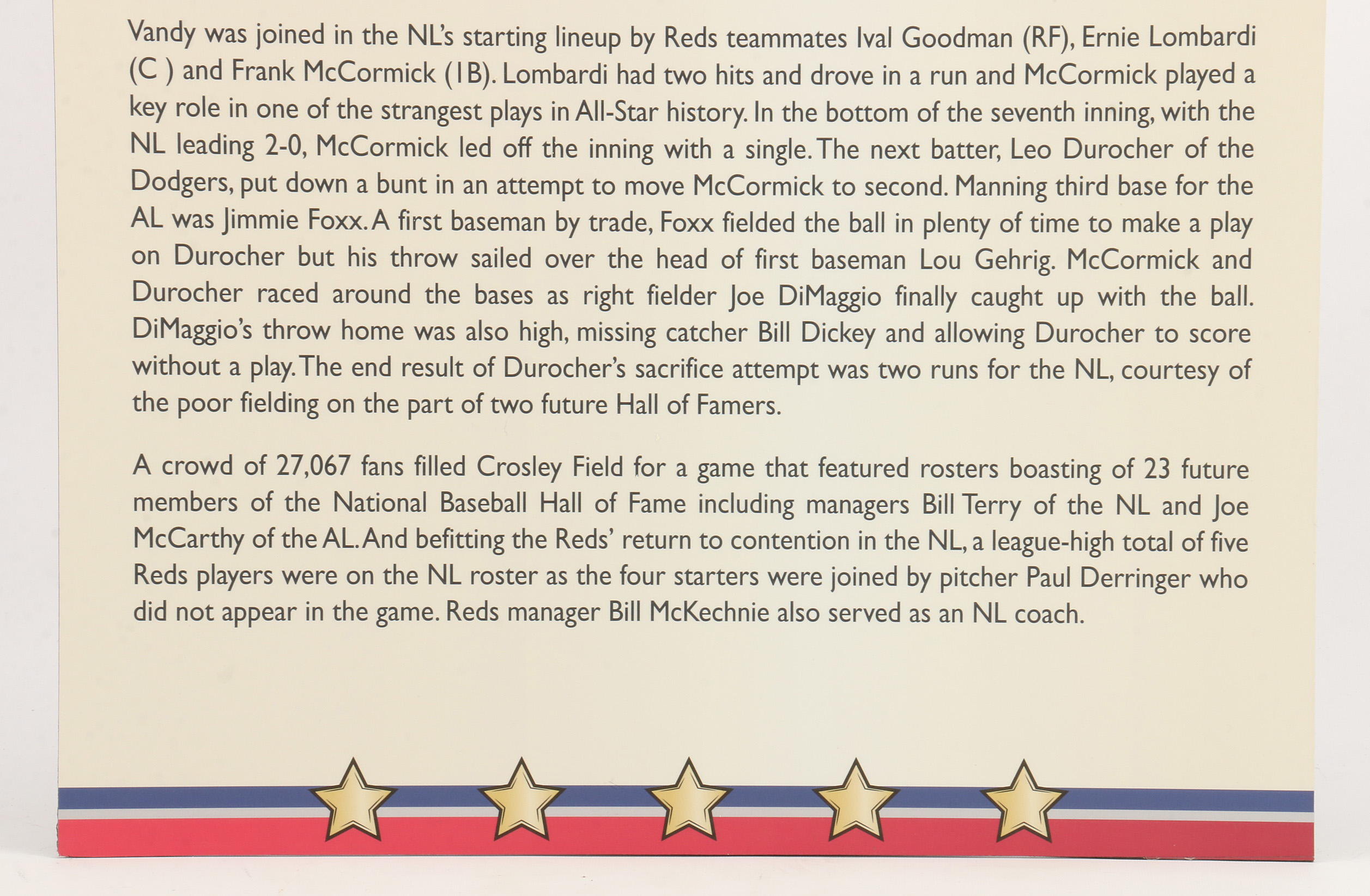 Cincinnati Reds Hall of Fame 1938 All-Star Exhibit Sign COA