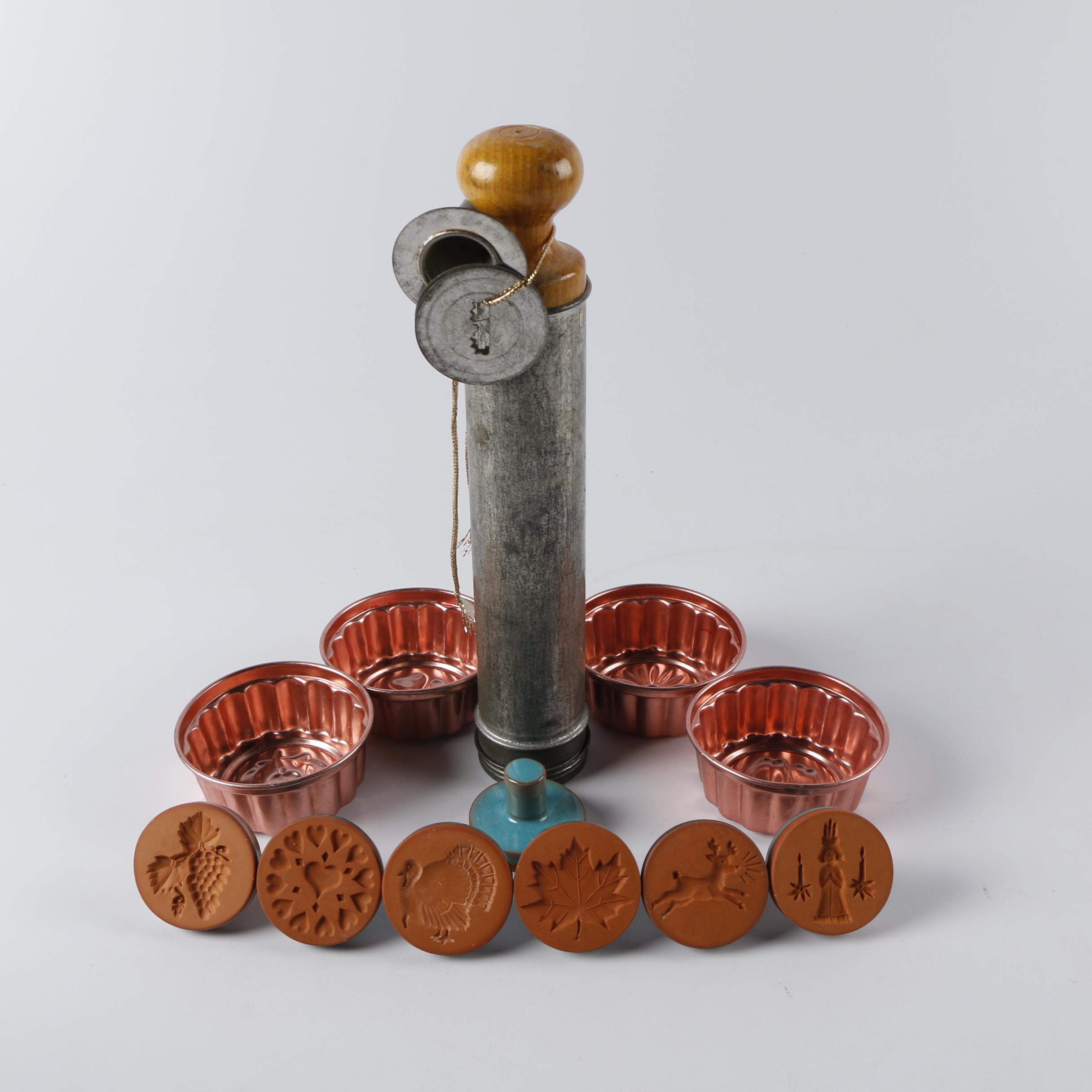 Vintage Bakeware including Cookie Press, Cookie Stamps, and Baking Tins