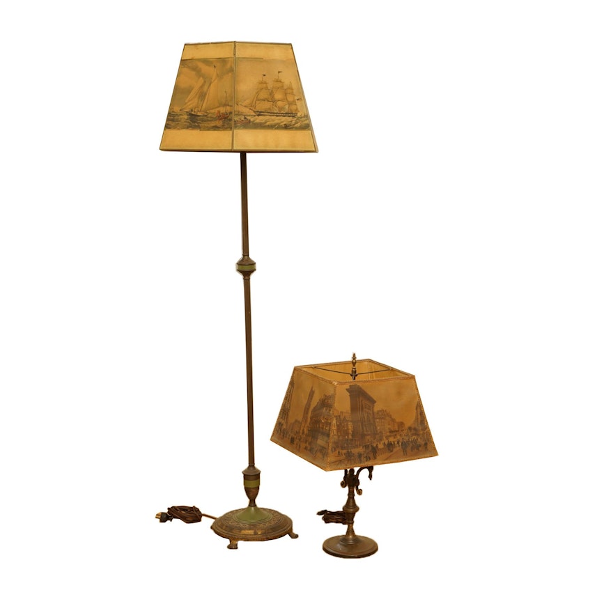 Vintage or Antique Brass Lamps with Historical Scene Shades