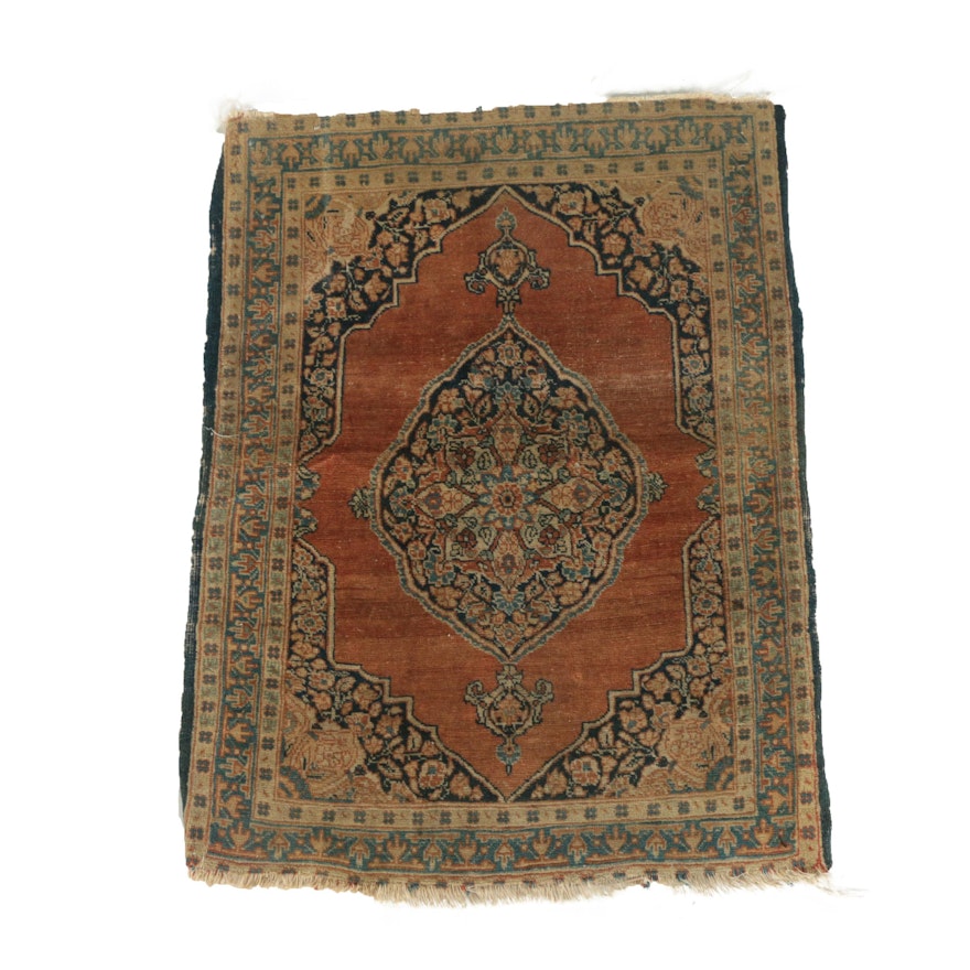 Antique Hand-Knotted Persian Qom Wool Accent Rug