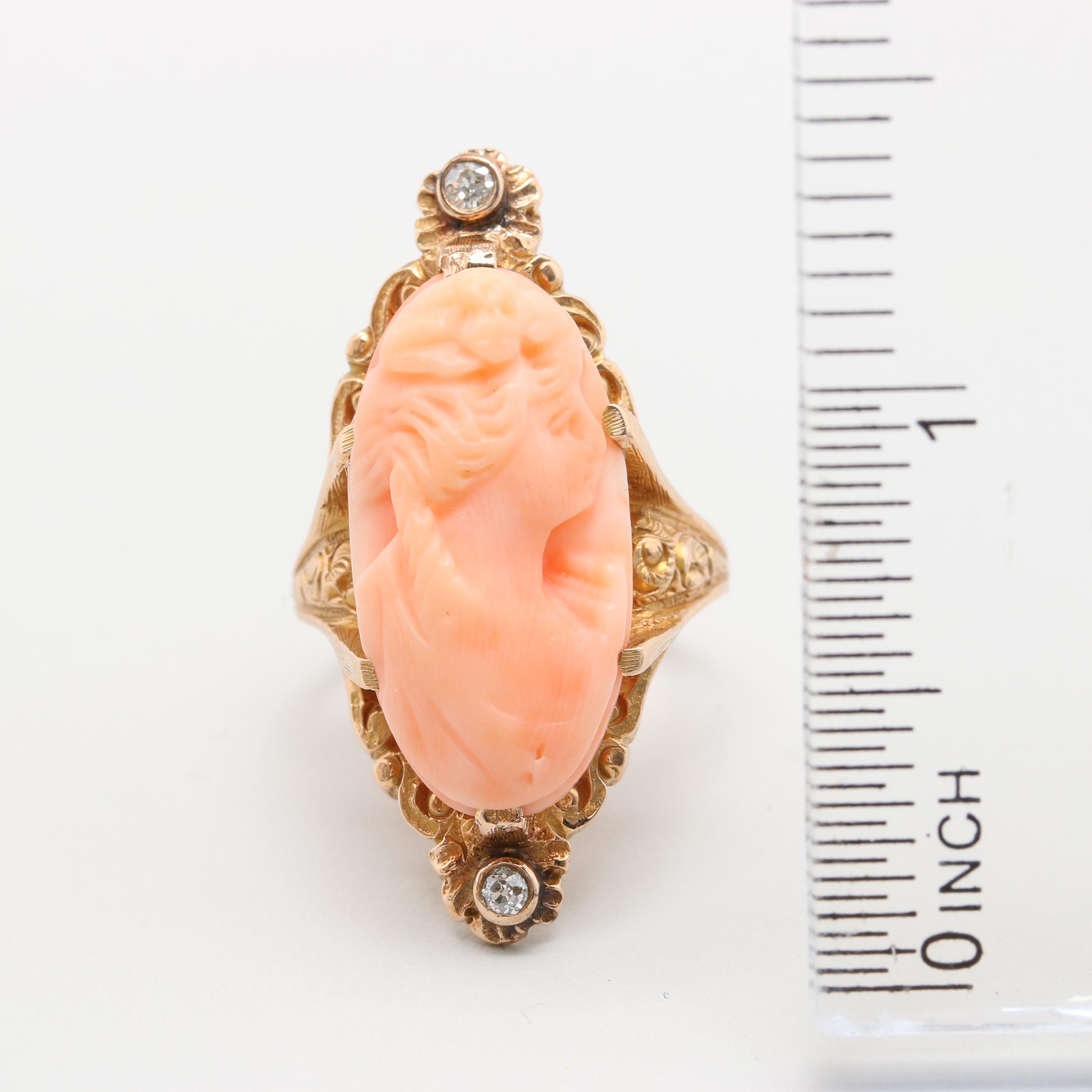 Victorian 14K Yellow Gold Coral Cameo and Diamond Ring