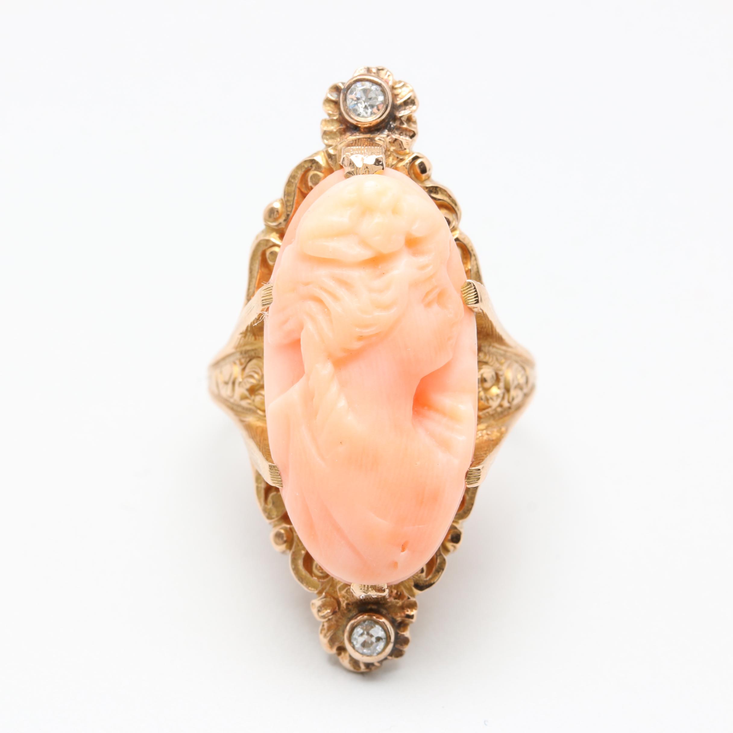 Victorian 14K Yellow Gold Coral Cameo and Diamond Ring