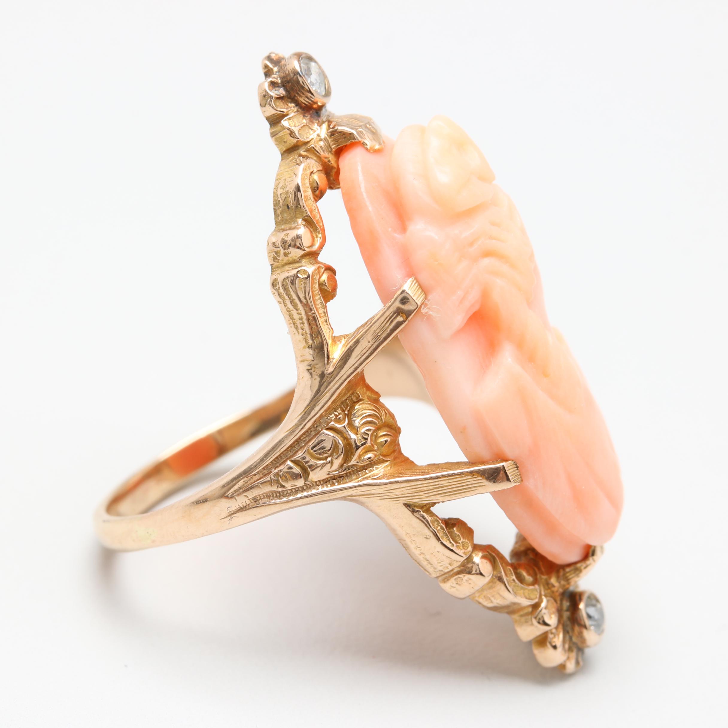 Victorian 14K Yellow Gold Coral Cameo and Diamond Ring