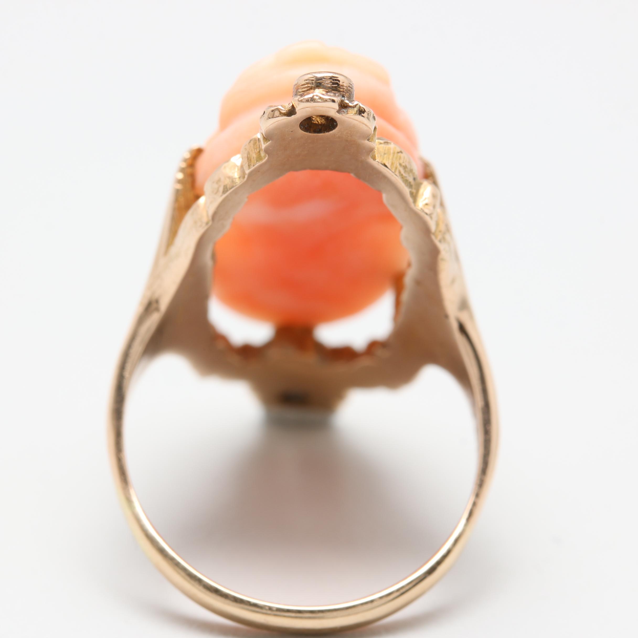 Victorian 14K Yellow Gold Coral Cameo and Diamond Ring