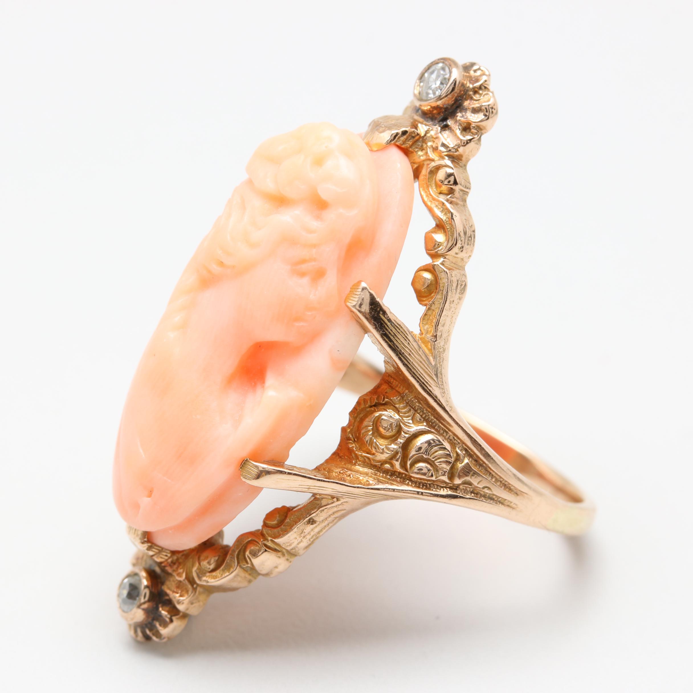 Victorian 14K Yellow Gold Coral Cameo and Diamond Ring