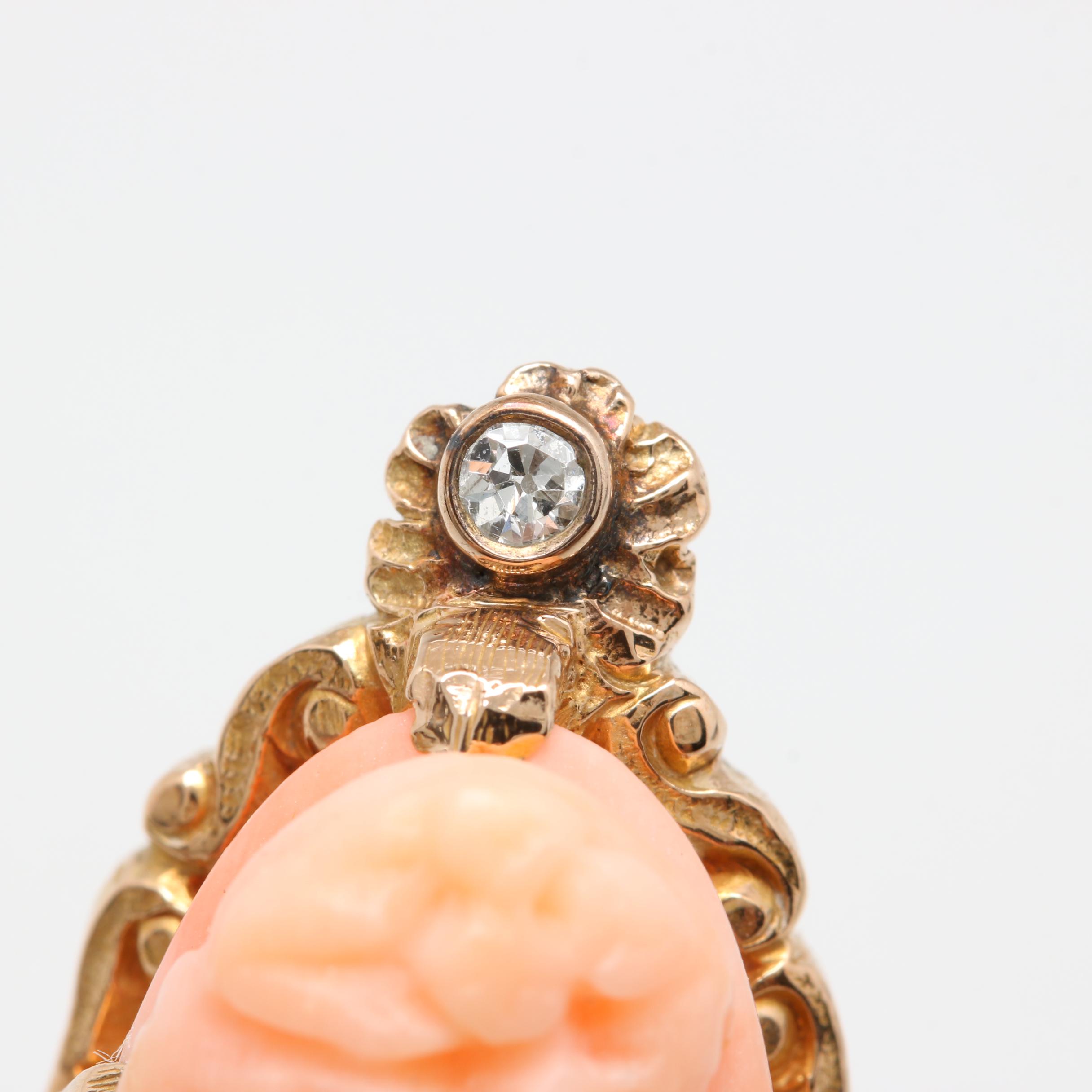 Victorian 14K Yellow Gold Coral Cameo and Diamond Ring