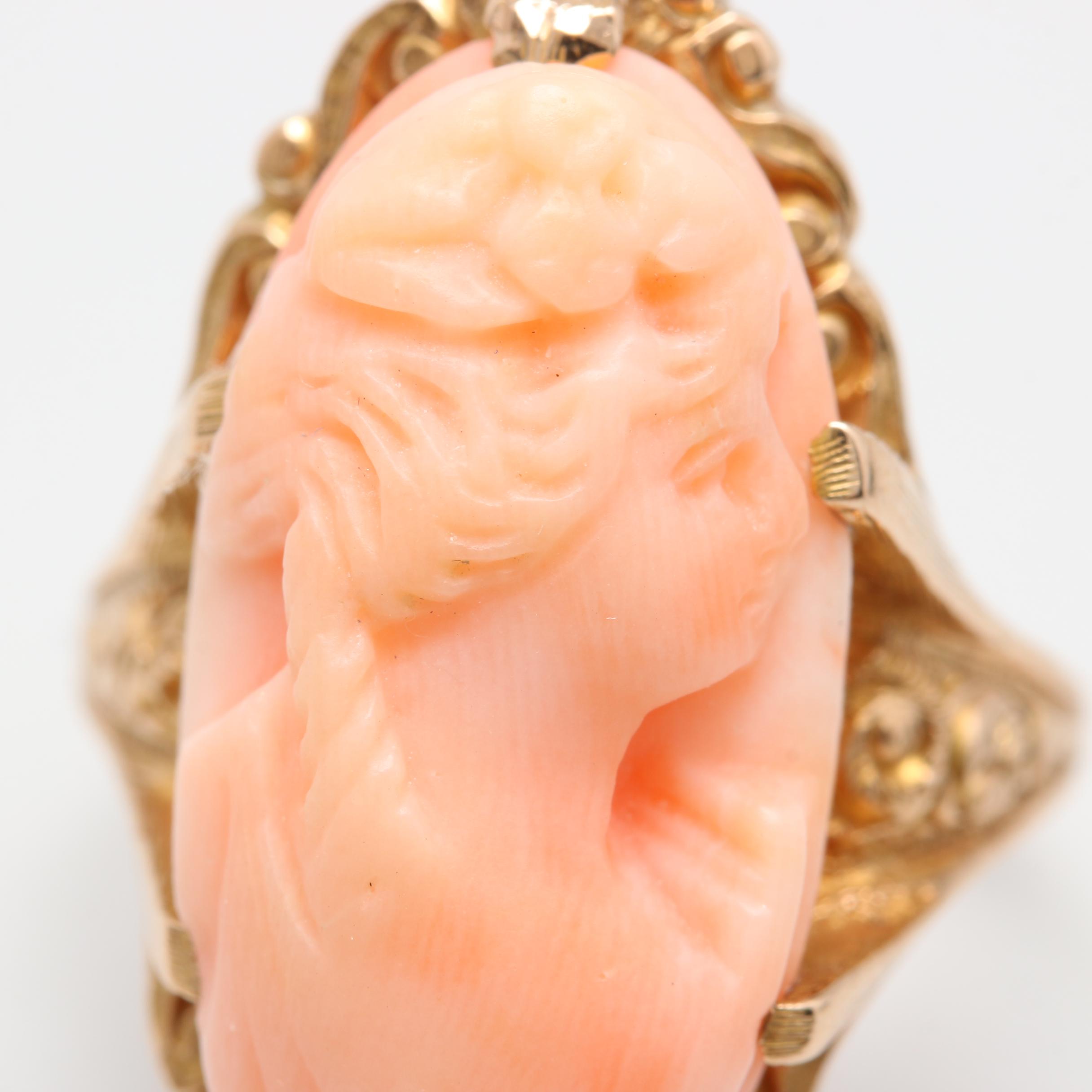 Victorian 14K Yellow Gold Coral Cameo and Diamond Ring