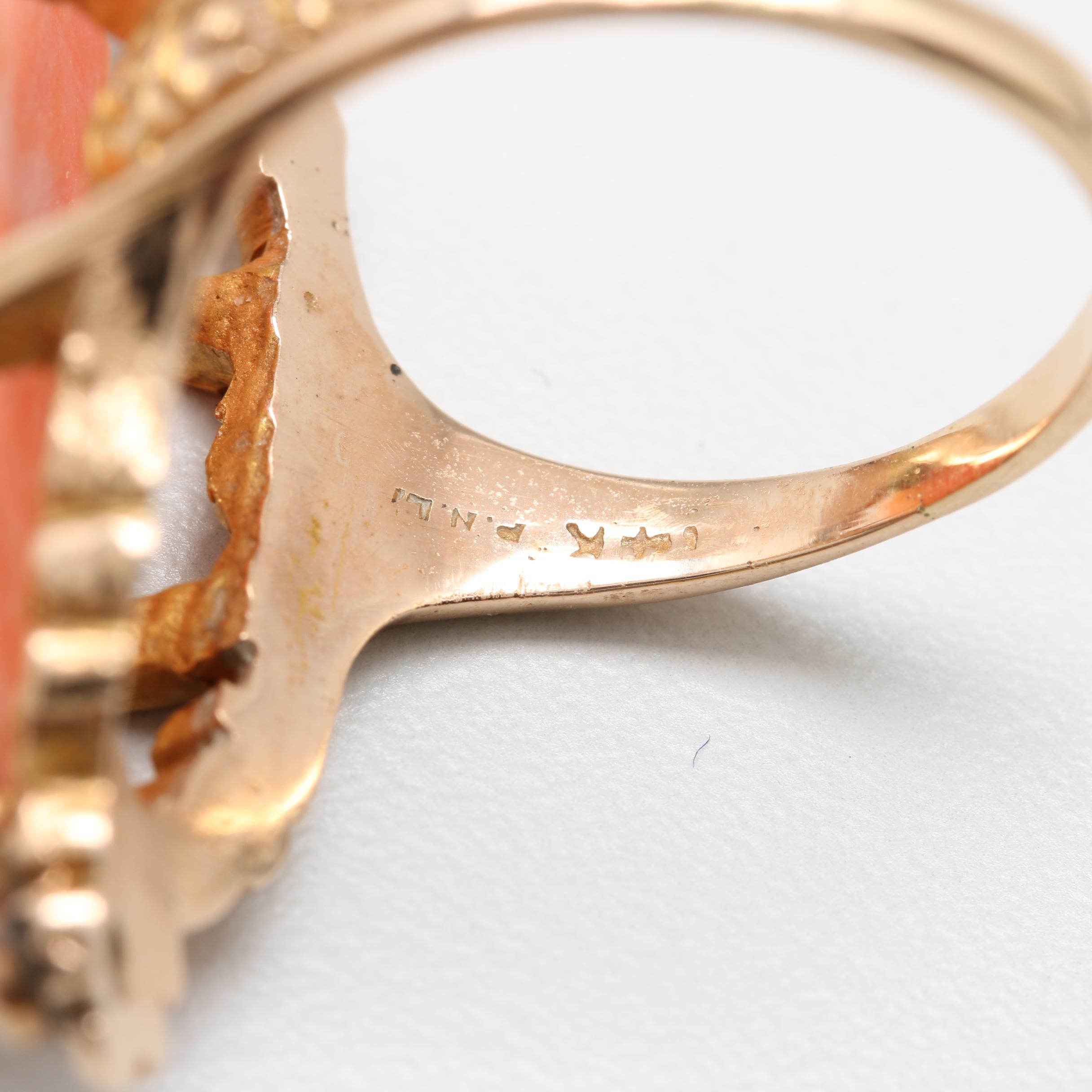 Victorian 14K Yellow Gold Coral Cameo and Diamond Ring