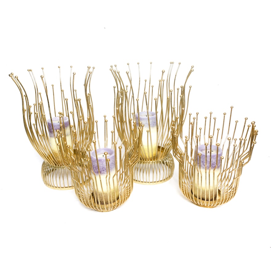 Ball Top Multi-Pronged Gold Finish Metal Candleholders with Candles