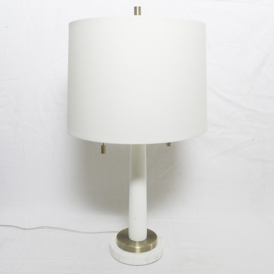 White Cylindrical Two-Light Table Lamp with Gold Tone Finial and Accented Base