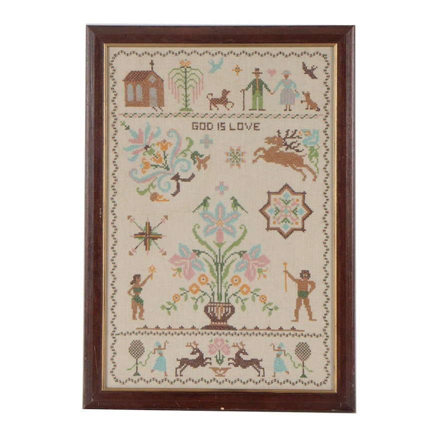 Vintage Framed Cross-Stitch Sampler "God Is Love"