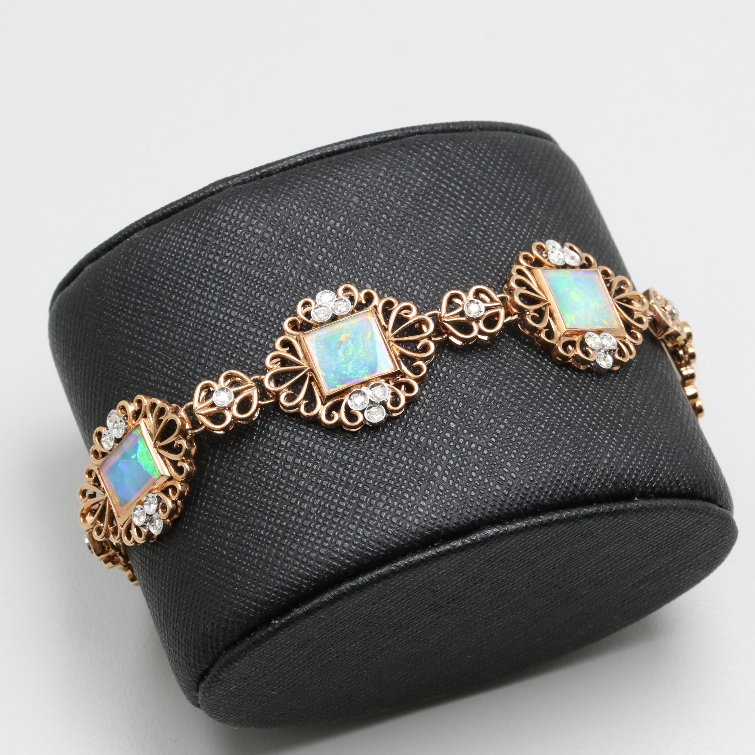 Vintage 14K Yellow Gold Opal and Diamond Bracelet with White Gold Accents