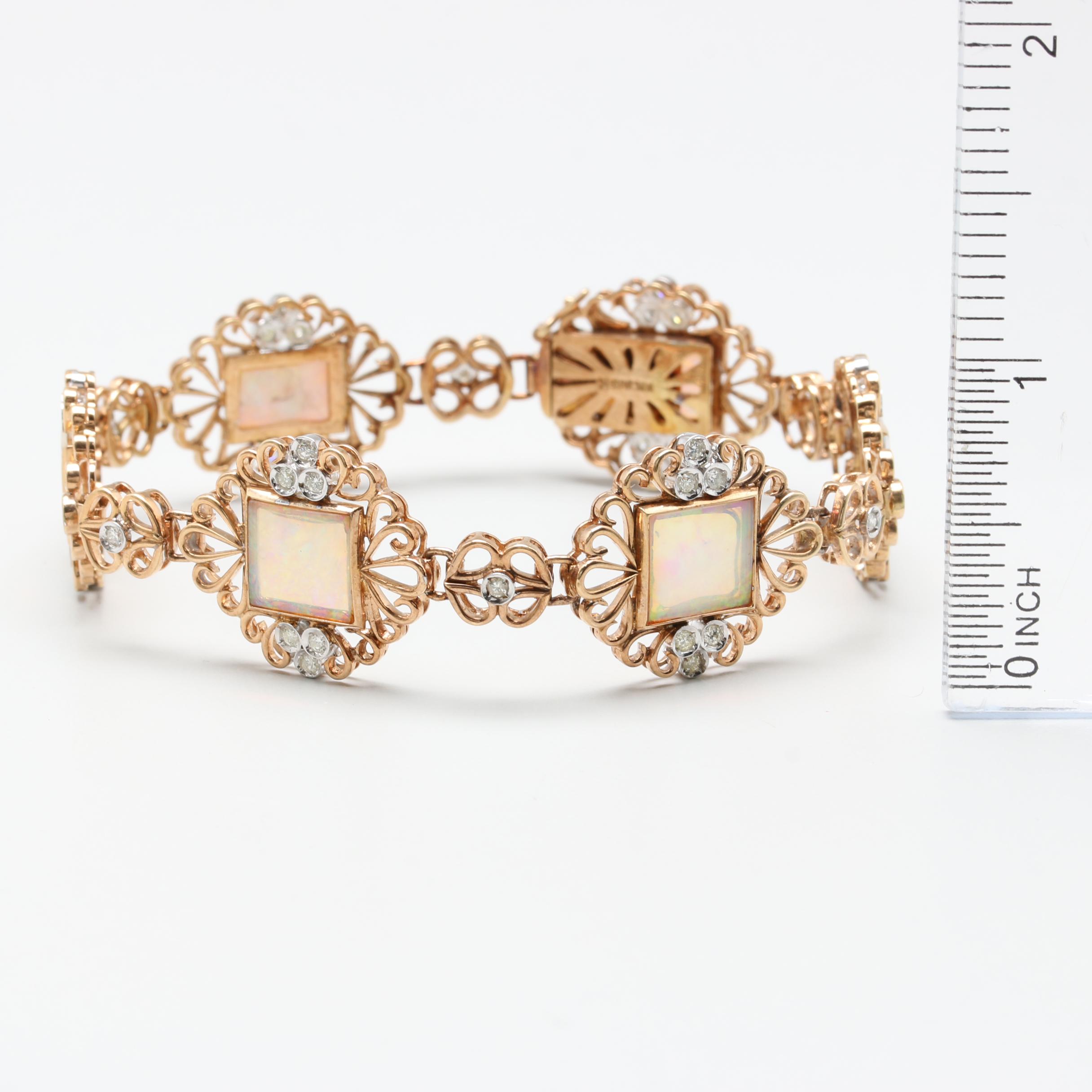 Vintage 14K Yellow Gold Opal and Diamond Bracelet with White Gold Accents