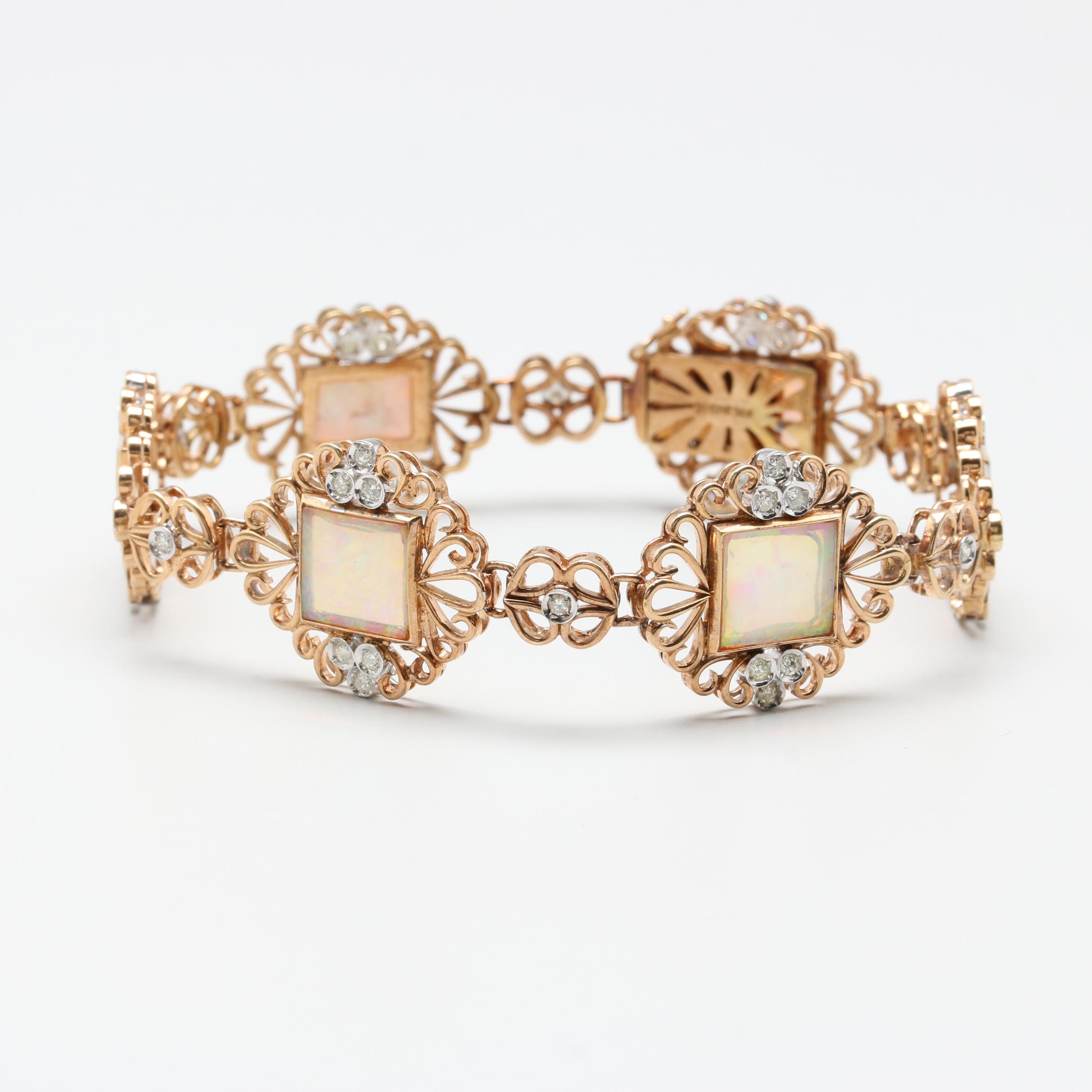 Vintage 14K Yellow Gold Opal and Diamond Bracelet with White Gold Accents