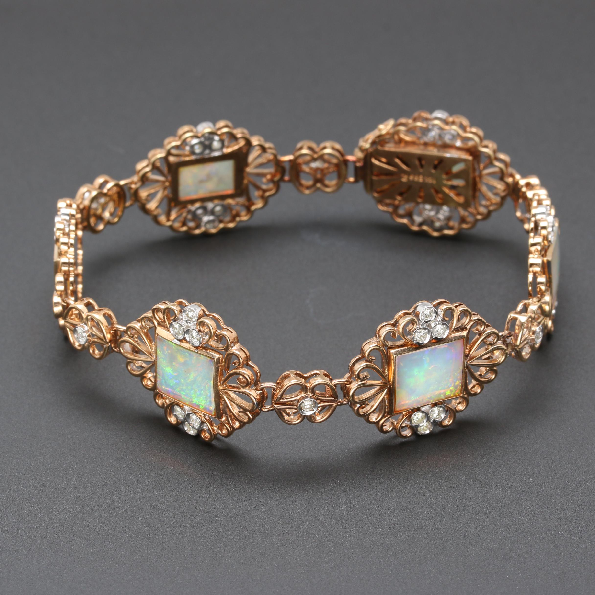 Vintage 14K Yellow Gold Opal and Diamond Bracelet with White Gold Accents