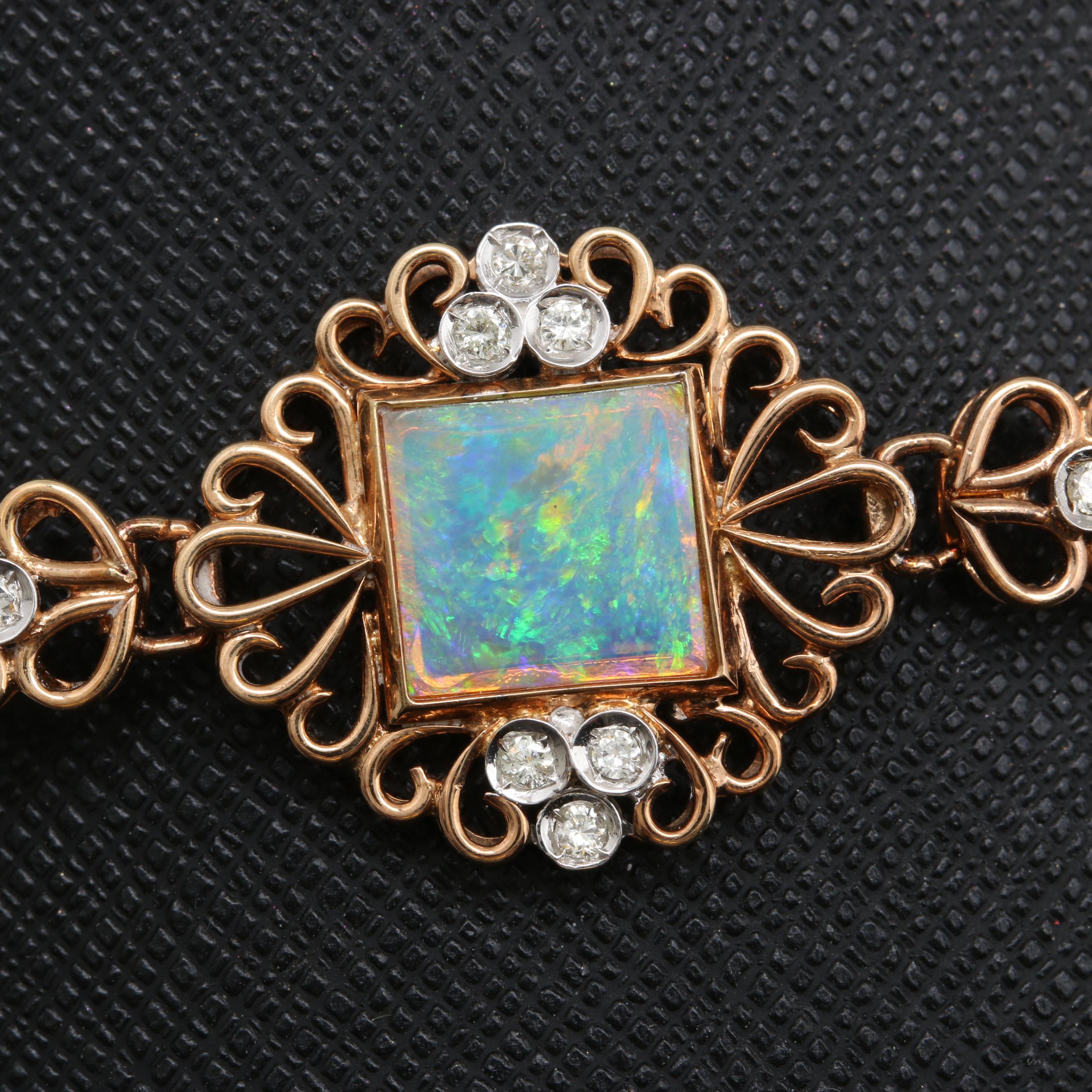Vintage 14K Yellow Gold Opal and Diamond Bracelet with White Gold Accents