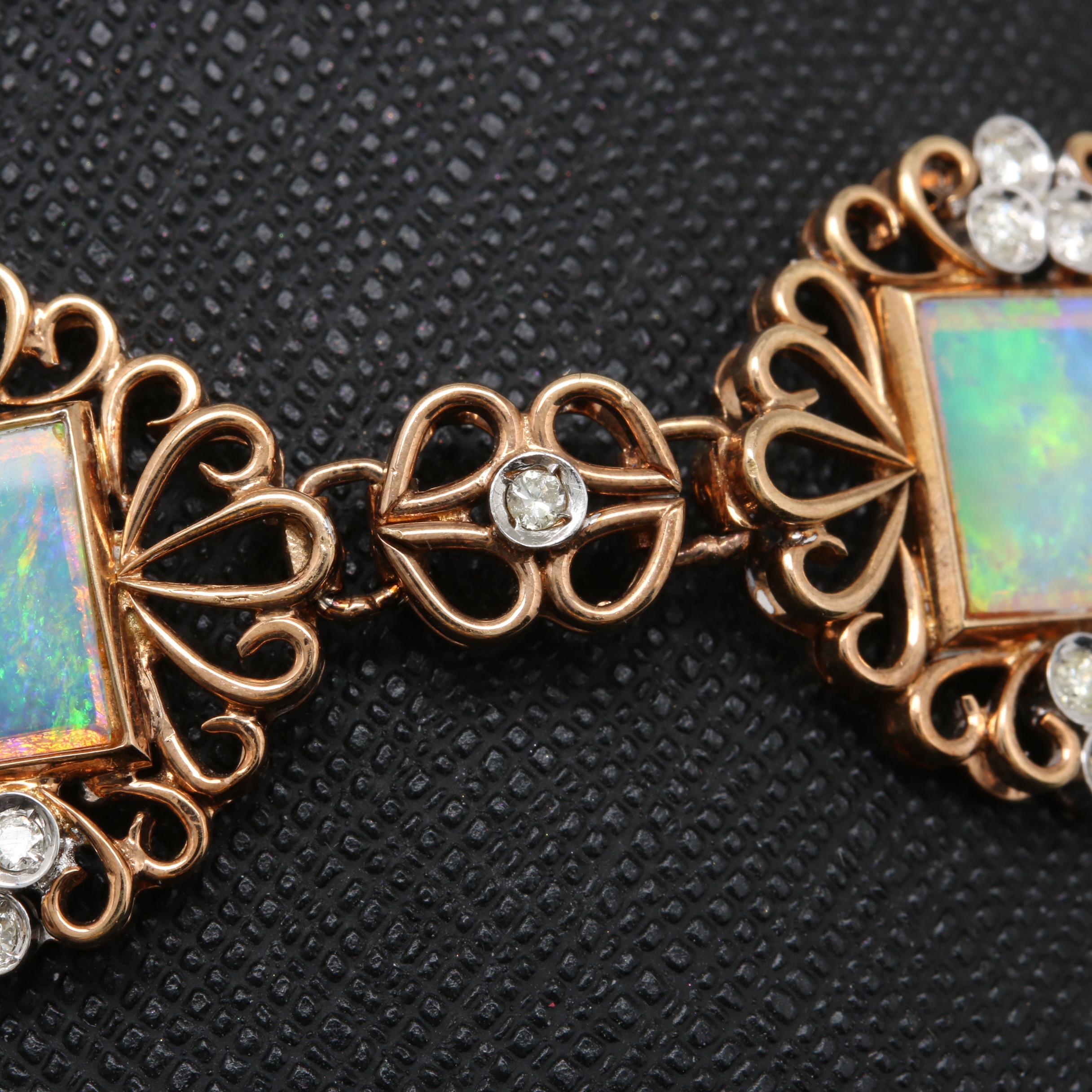 Vintage 14K Yellow Gold Opal and Diamond Bracelet with White Gold Accents