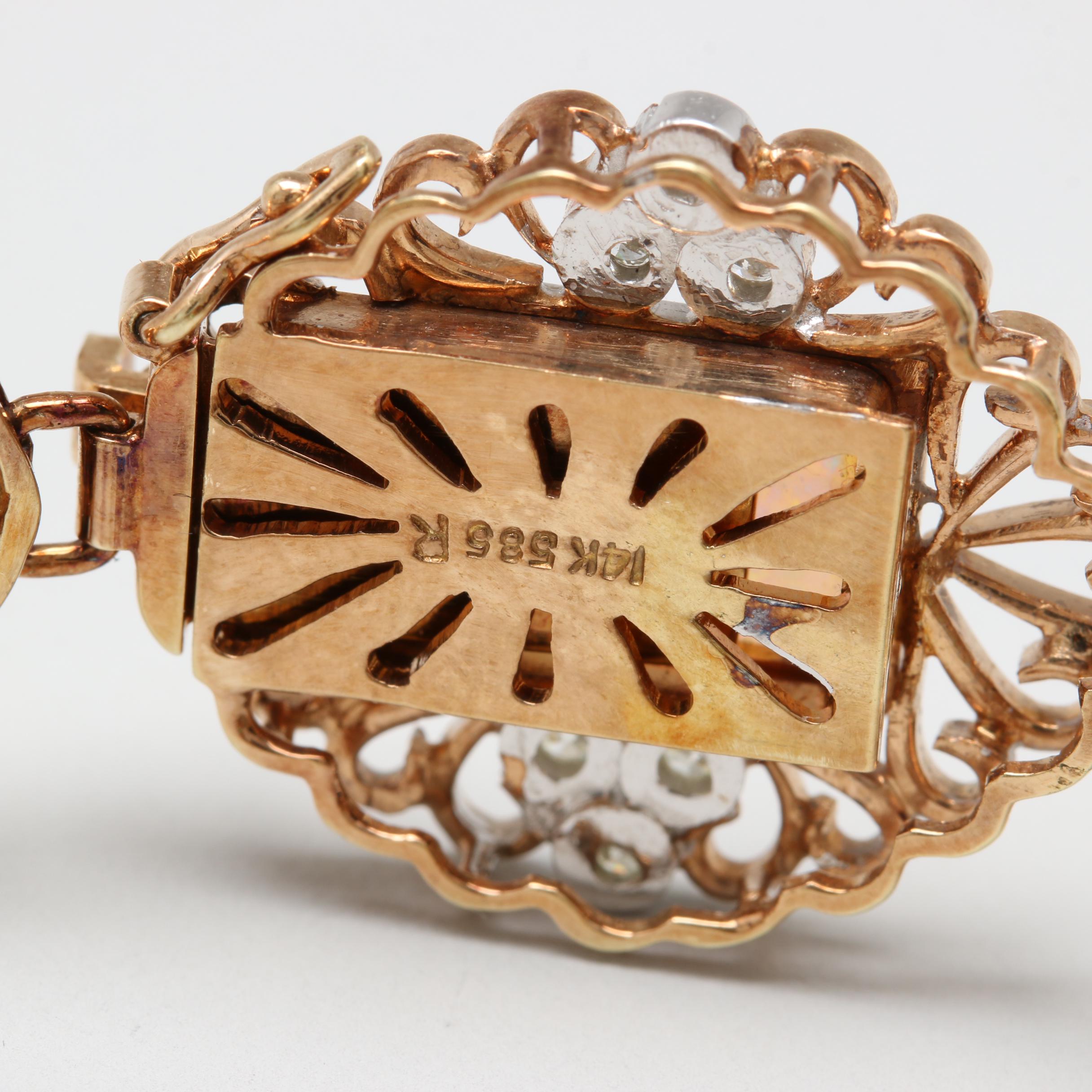 Vintage 14K Yellow Gold Opal and Diamond Bracelet with White Gold Accents